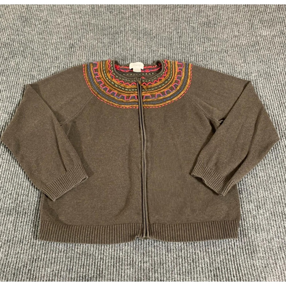 Foxcroft Sweater Womens Large Brown Cardigan Full Zip Embroidered Cotton Tribal